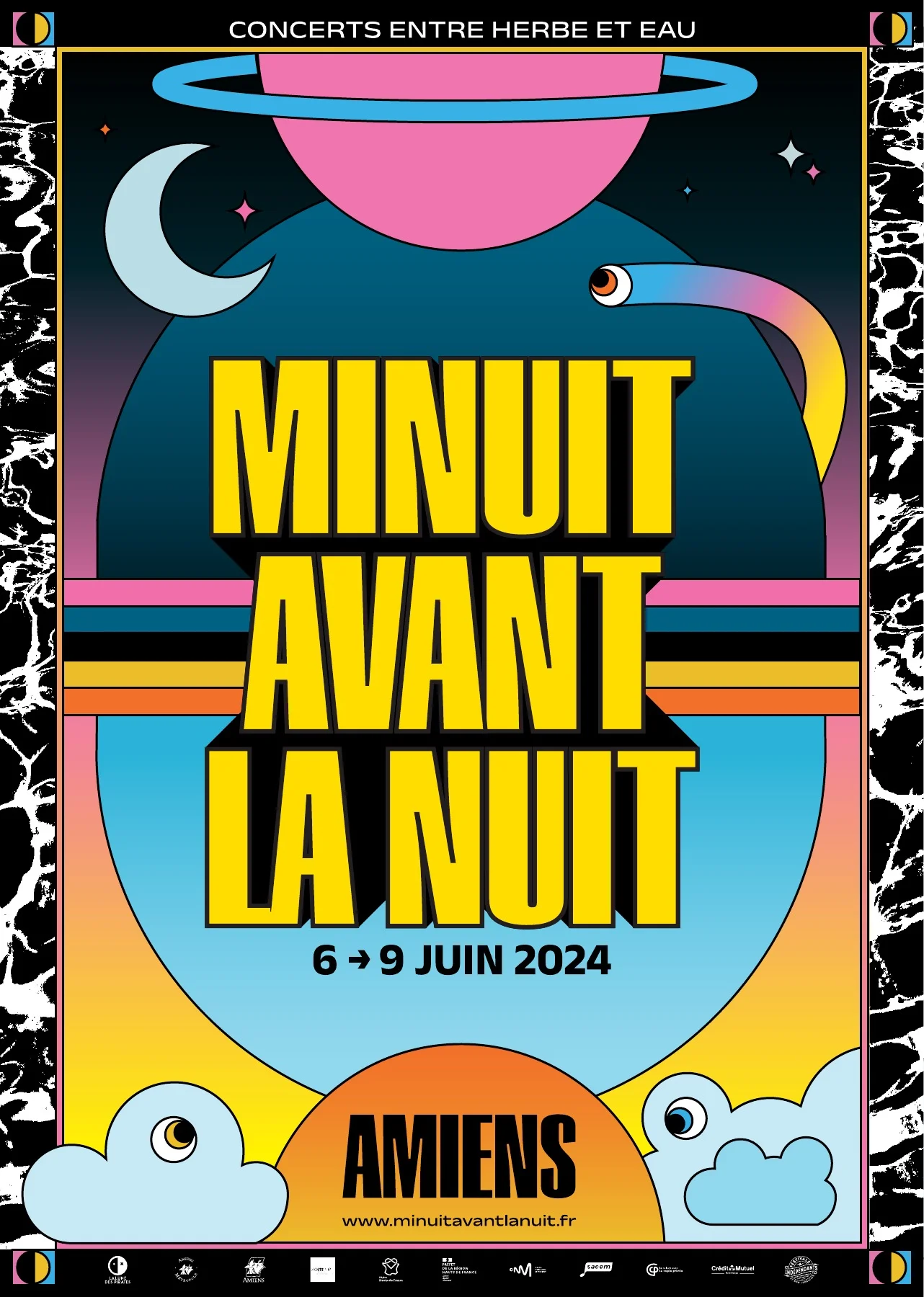 Supplied poster: yellow lettering, pink planet, moon, multicoloured eye and black-and-white water borders.