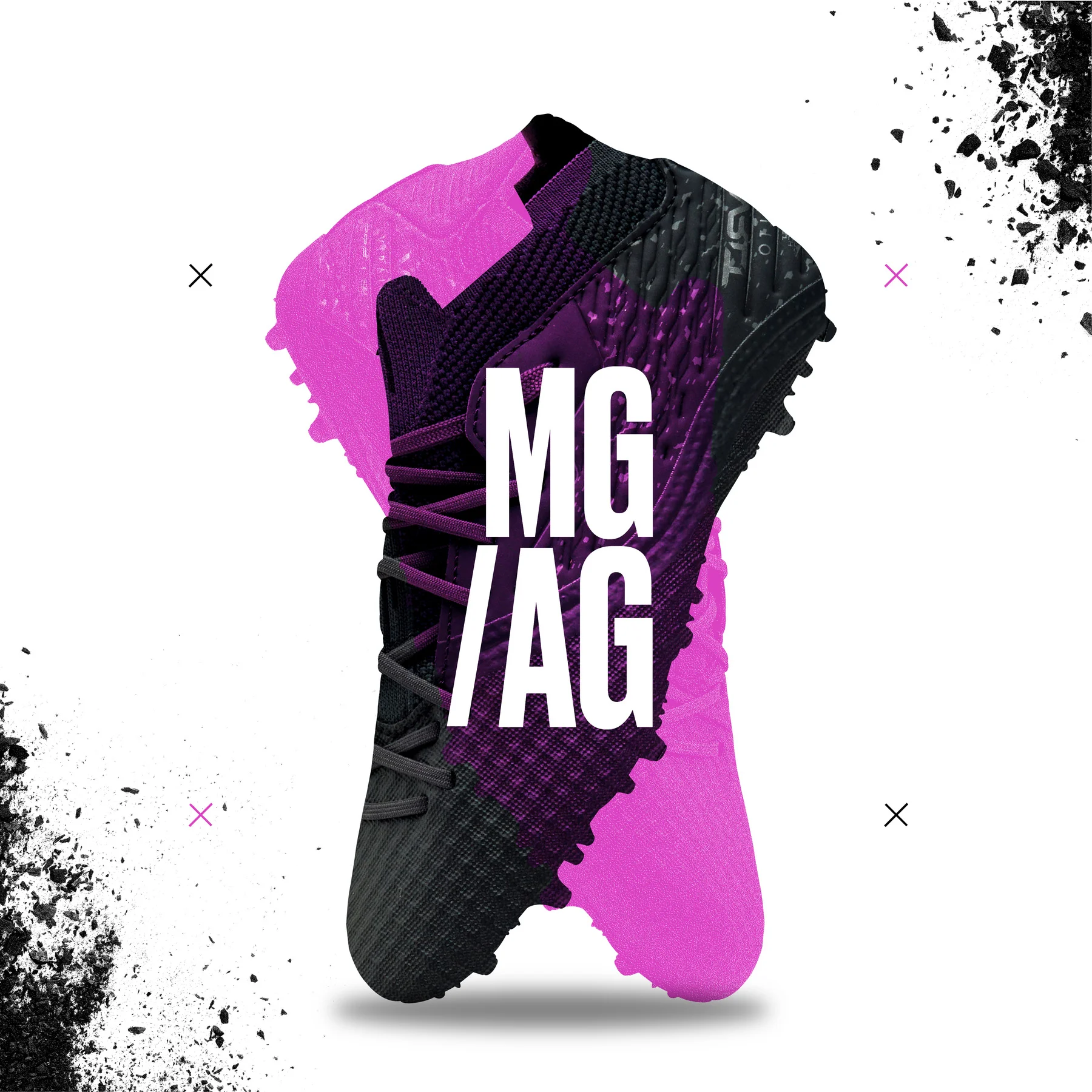 Black boot and magenta MG/AG marker against white.