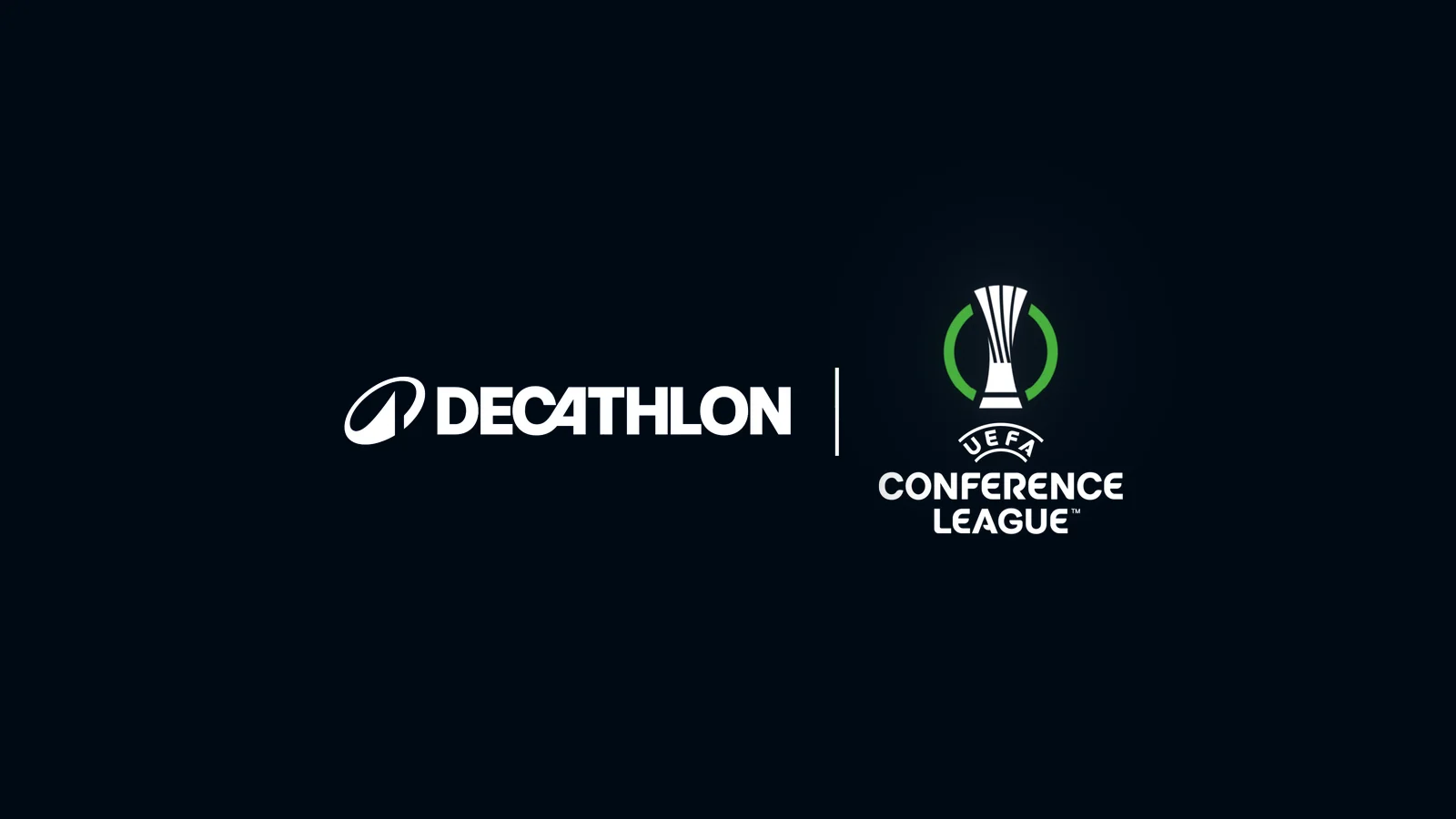 Decathlon signature on the left and the UEFA Conference League logo on the right, separated by a vertical line.