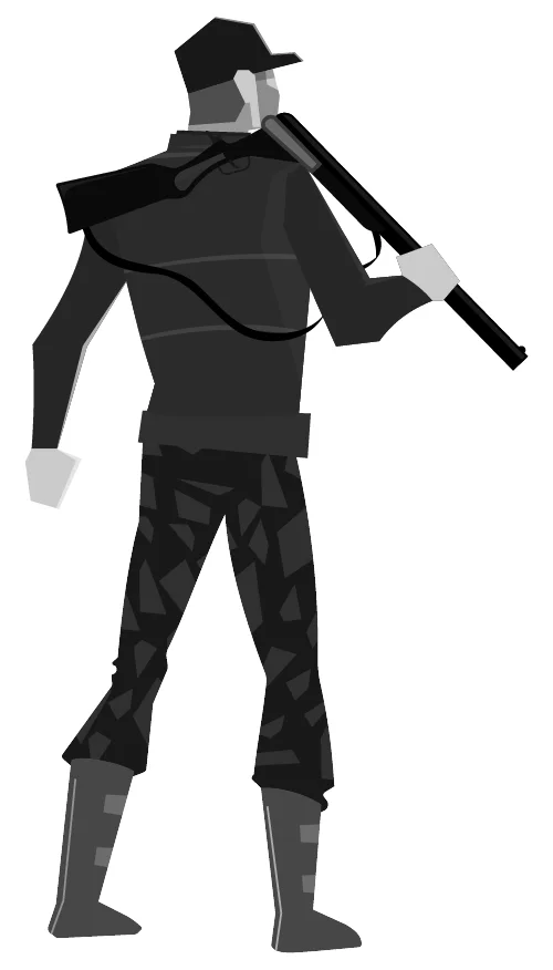 Rear view of a character drawn in greyscale on white, carrying an open shotgun over his shoulder.