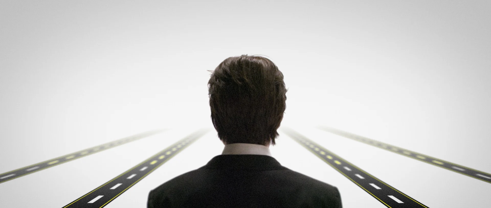 Graphic study: two roads converge behind the character.