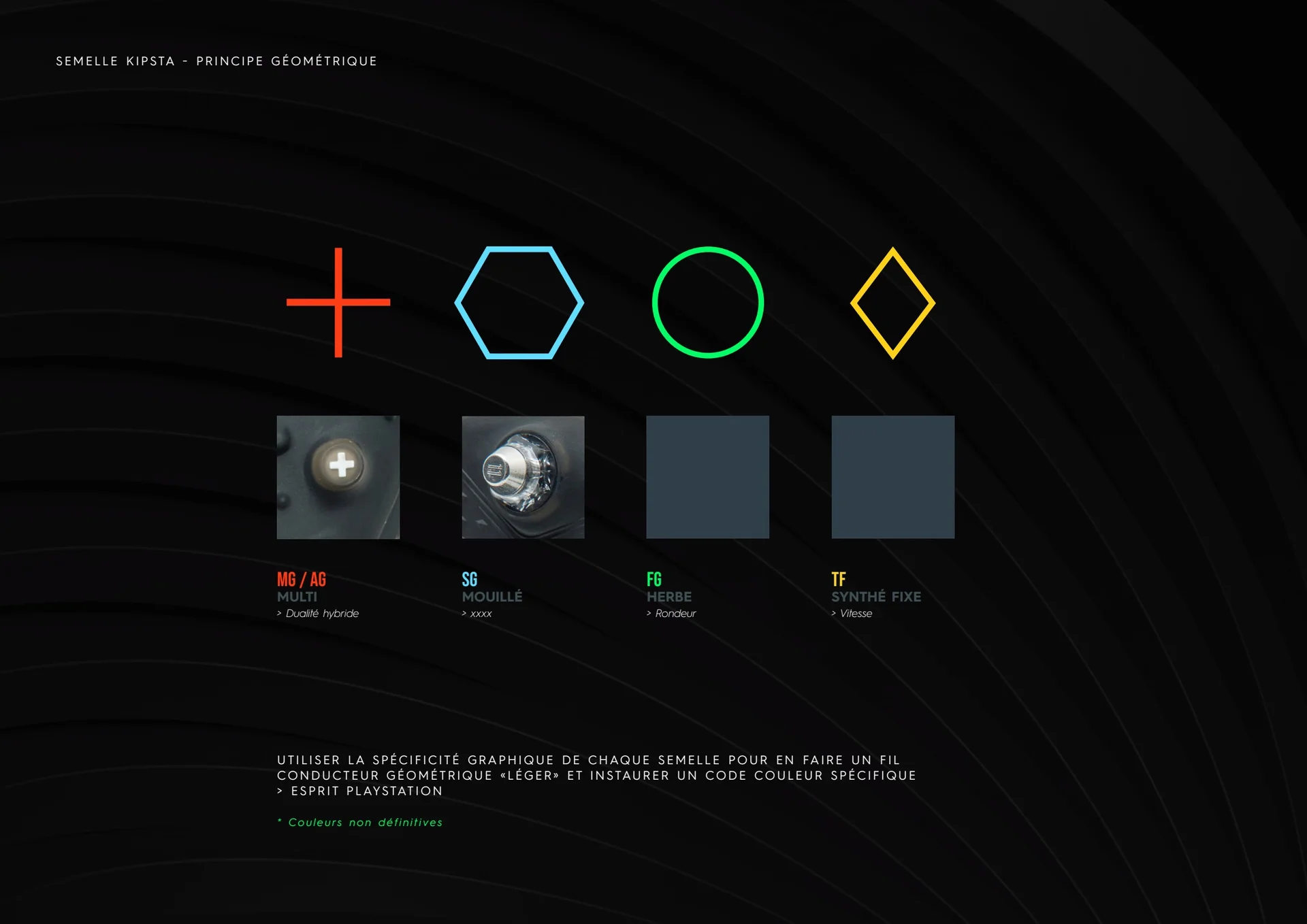Geometric research from the brief: cross, hexagon, circle and diamond, with provisional colours.