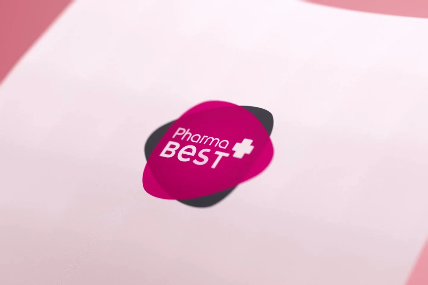 Close-up of the Pharmabest logo on a curved 3D-rendered receipt against a pink background.