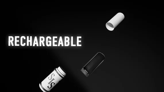 April storyboard: Cap, cartridge and case separated diagonally beside RECHARGEABLE (REFILLABLE).