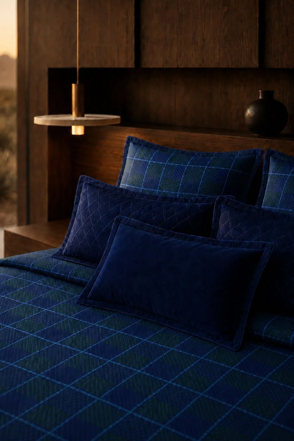 Wilmotte source still: arrangement of plain and checked blue pillows.