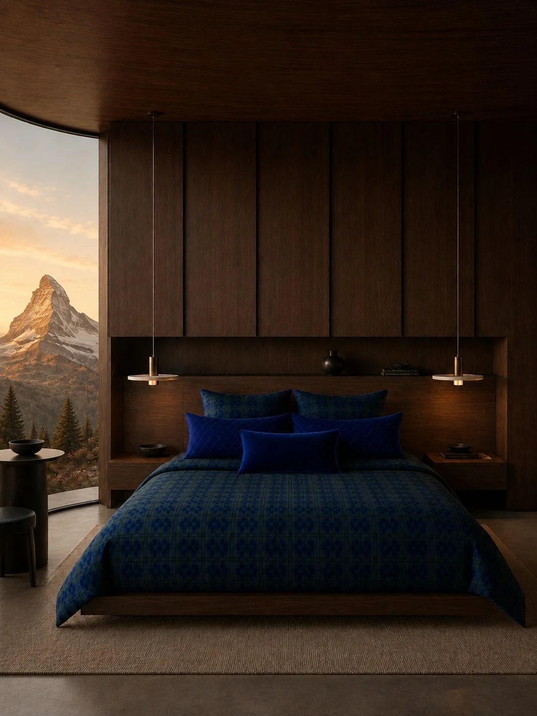 Wilmotte source still: front view of the bed, timber walls and mountain outside.