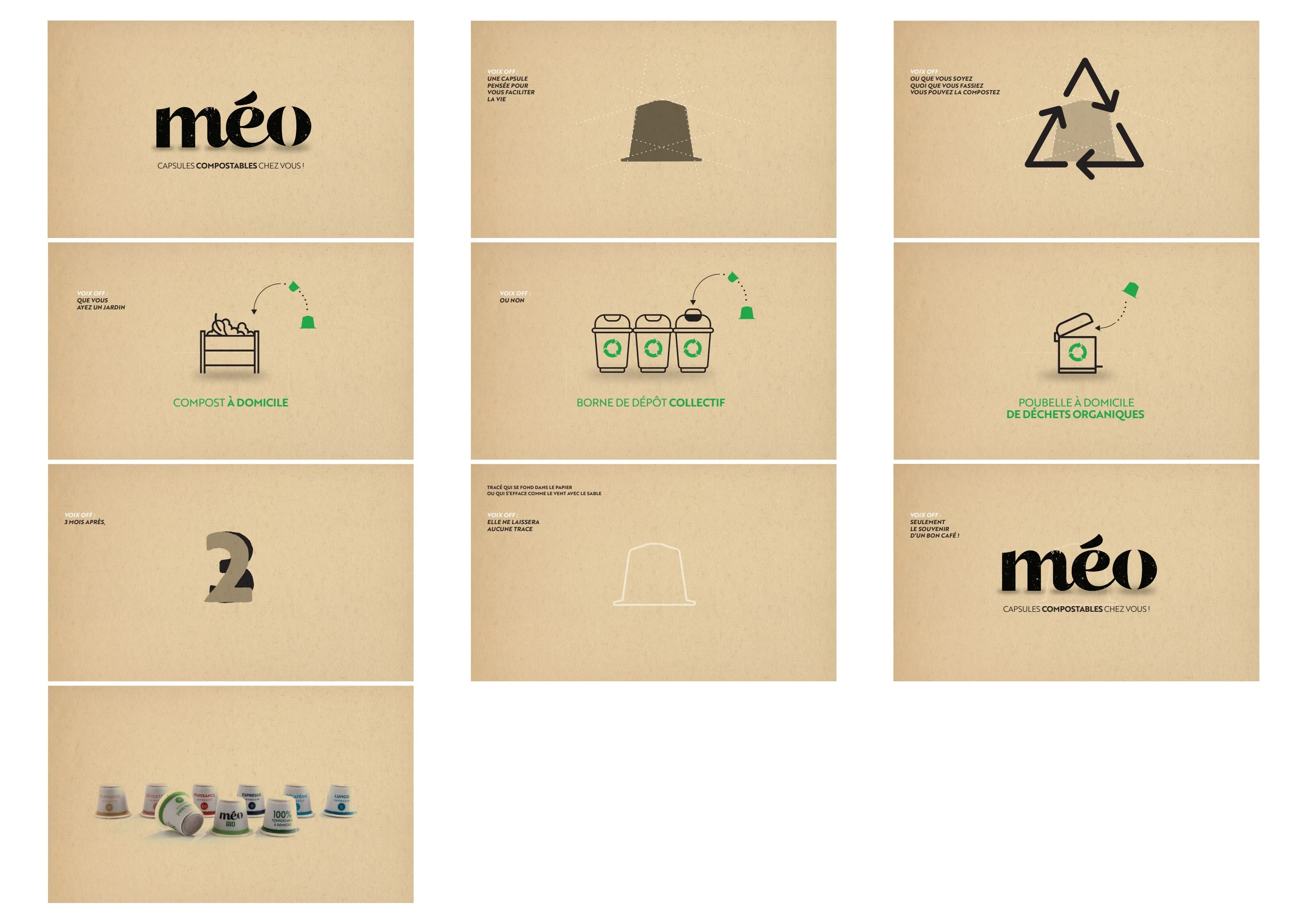 Storyboard for film D: a capsule moves from a compost bin to collection bins before disappearing.