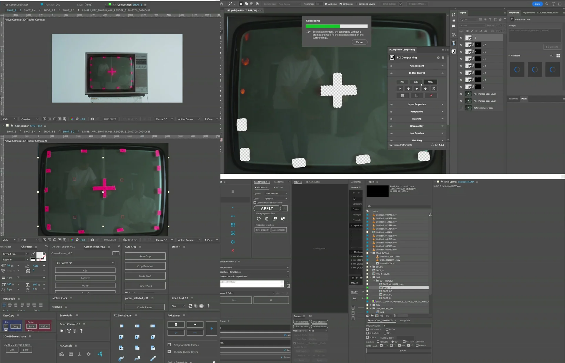 After Effects and Photoshop: pink tracking markers from the shoot and screen-surface retouching.