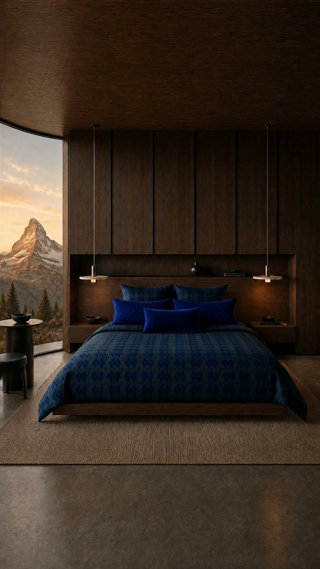 Front view of a bed with blue checked linen in a timber-lined bedroom overlooking the mountains.