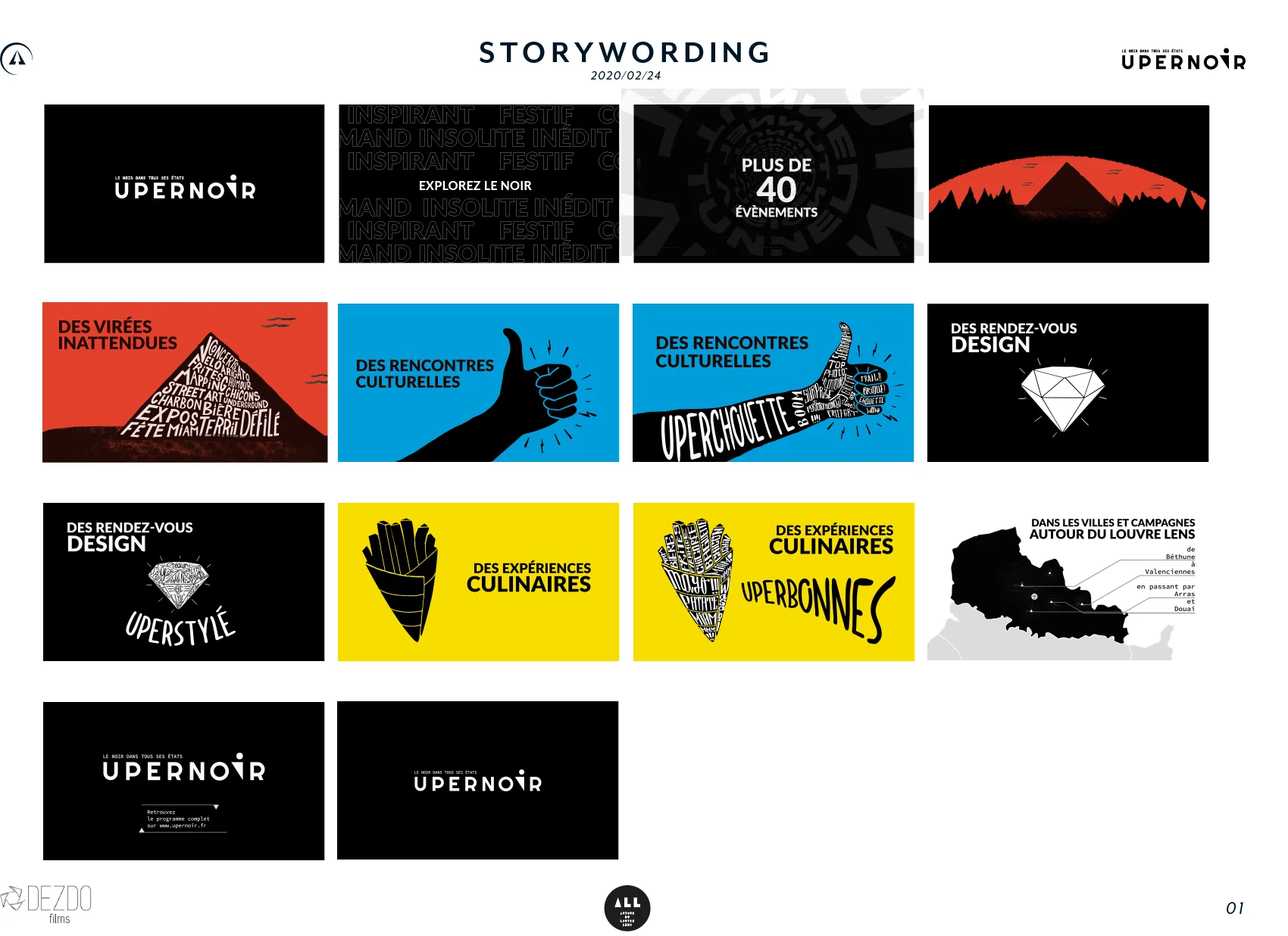 Storyboard dated 24 February 2020: fourteen frames showing the typography, slag heap, thumb, diamond and fries sequences.