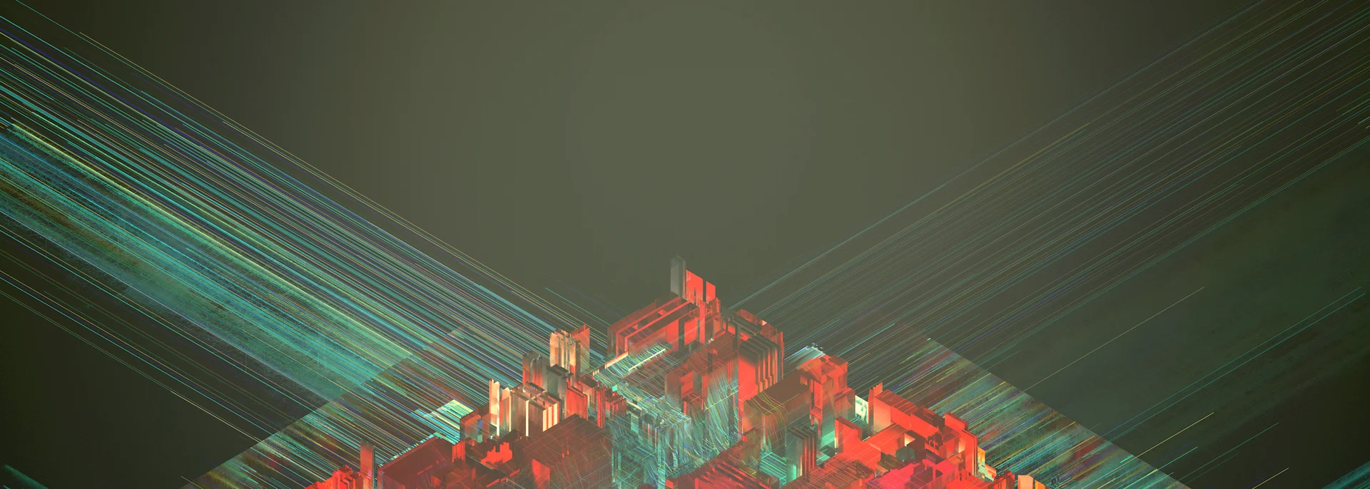 Panoramic crop of the cube’s top, crossed by cyan and yellow beams against a dark green background.