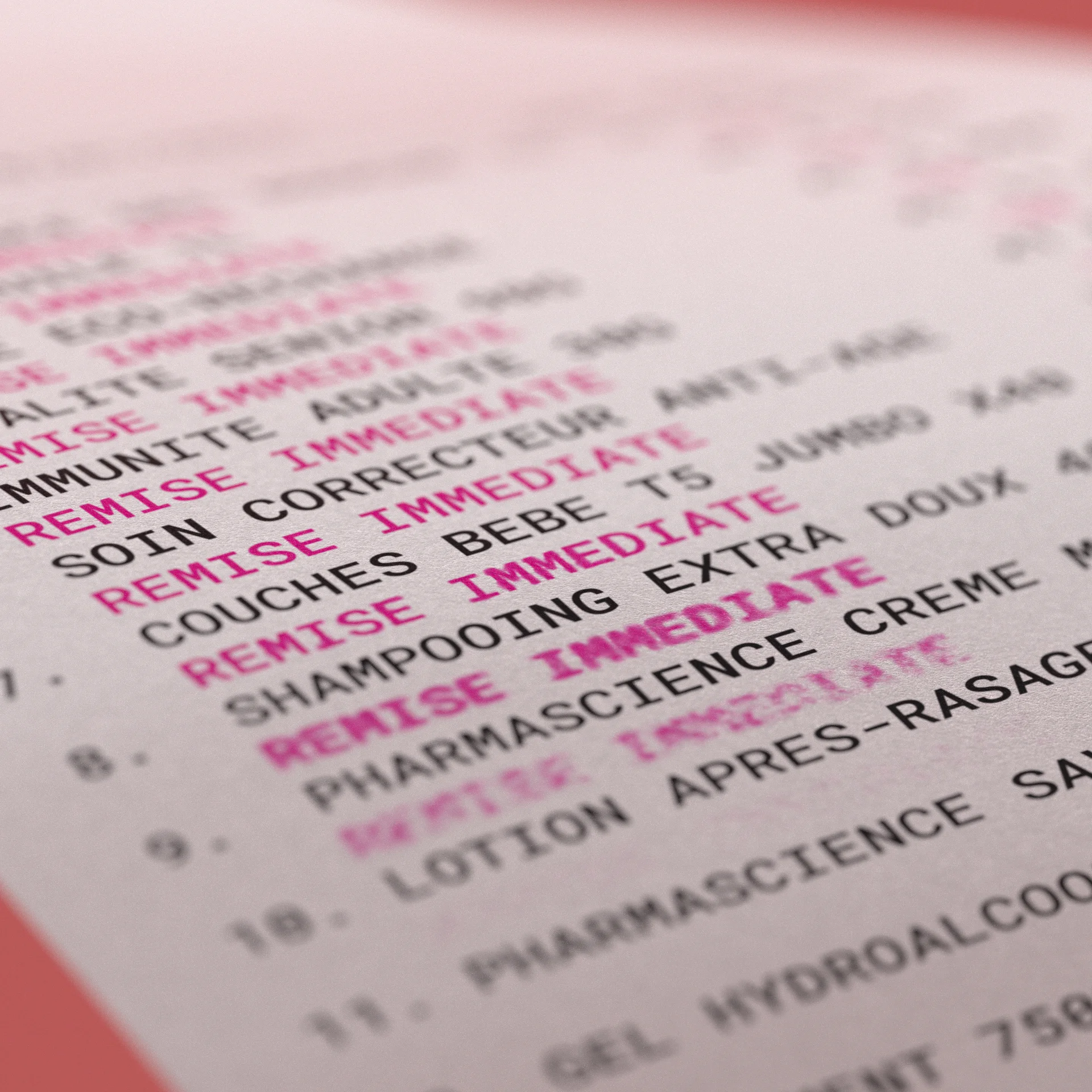 Render study: product lines and pink discounts.