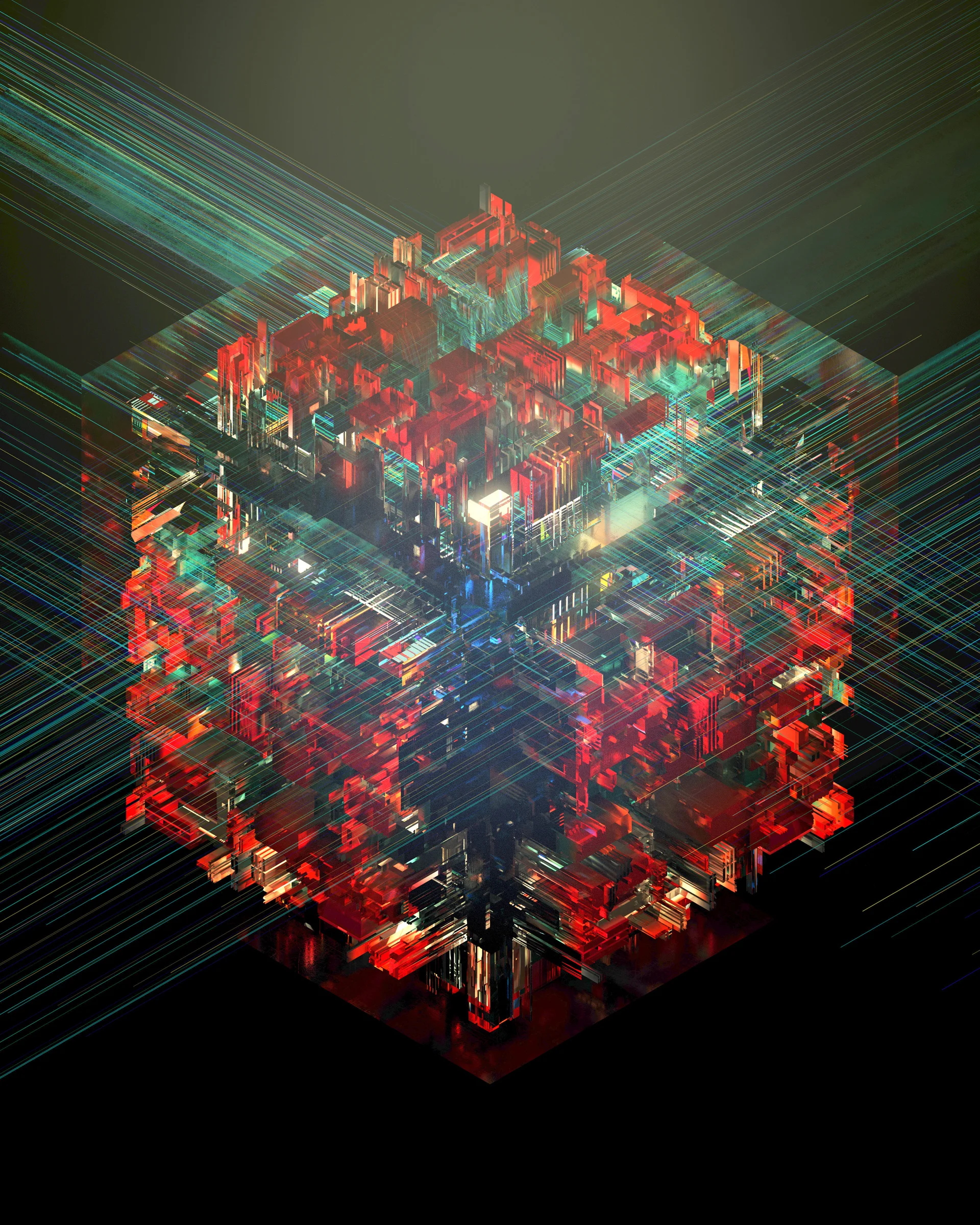 A cube built from red and cyan rectangular layers, viewed from above and crossed by fine lines of light against a dark background.