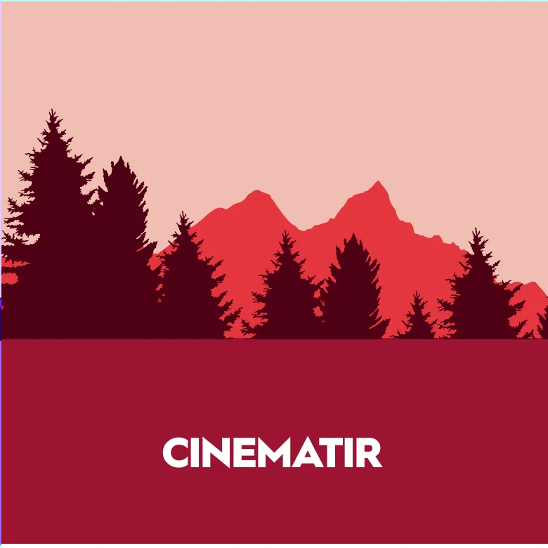 Colour study by Frédéric Dauges for Cinématir: mountains and fir trees in burgundy and coral.