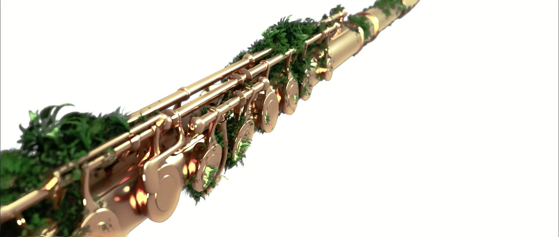Close-up of a golden flute covered in small leaves, set diagonally against white.